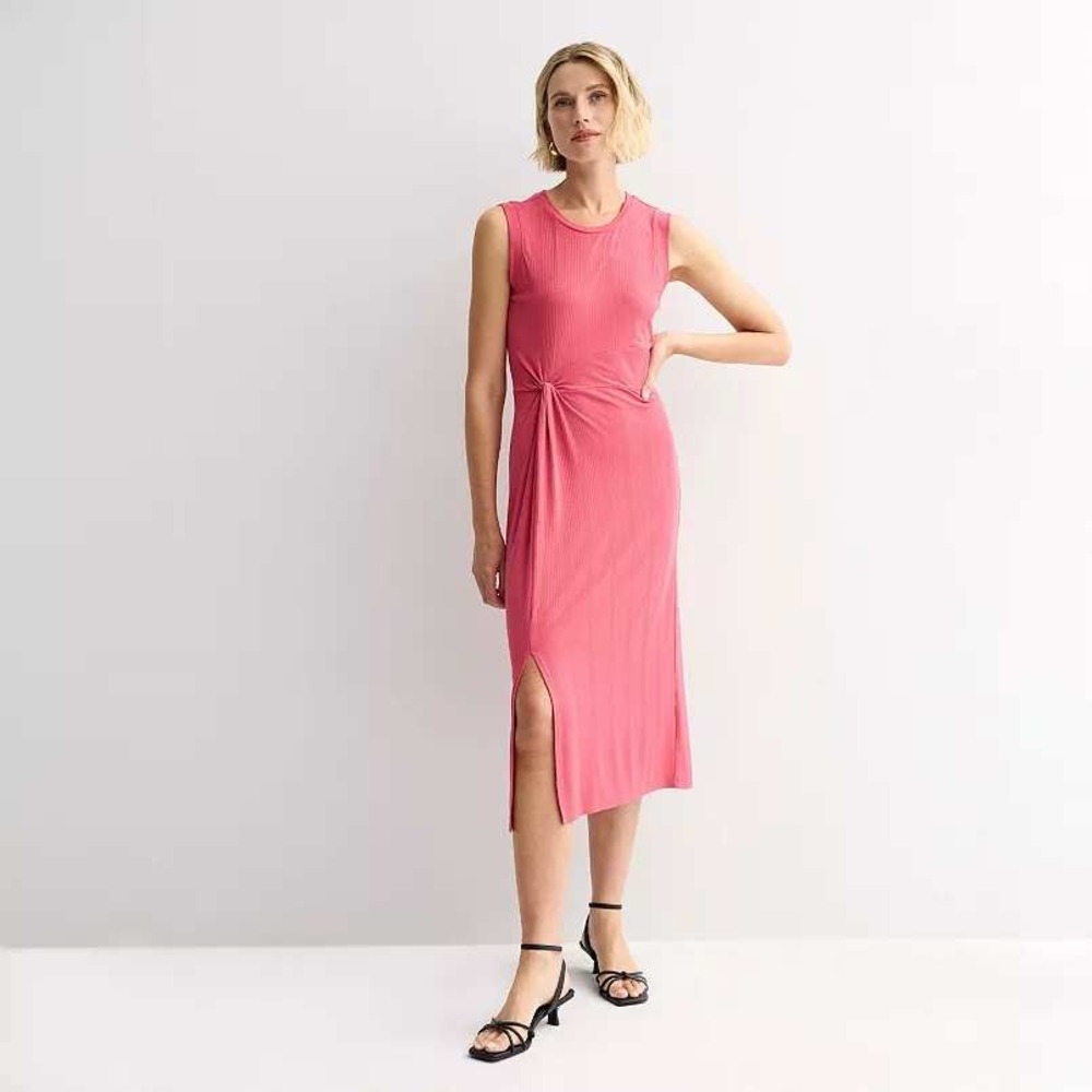 Nine West Dress Midi Twist Front Pink Ribbed Knit Sleeveless NWT L